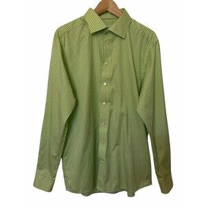 Eton Green Gingham Check Shirt Mens 17.5 44 100% Cotton Button Long Slv Preppy